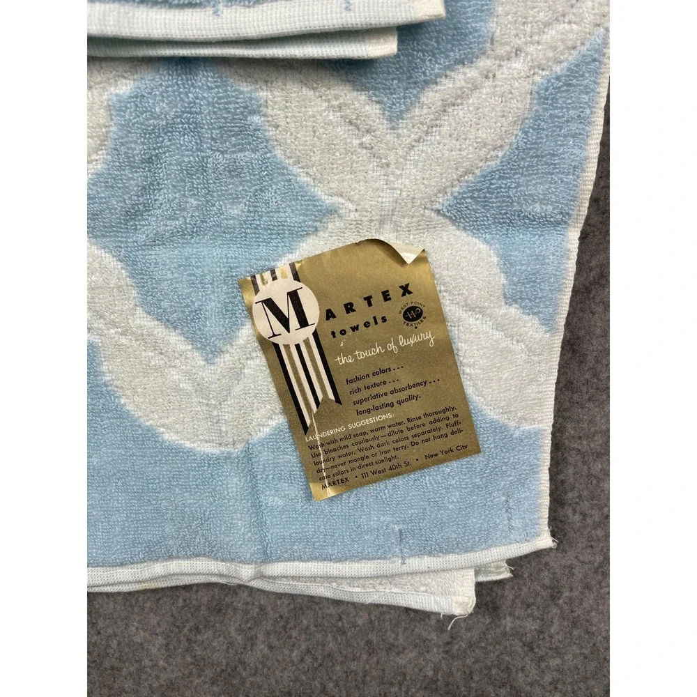 Vintage Martex Blue White Trellis Towel Set 3pc MCM Cotton Made in USA 6638